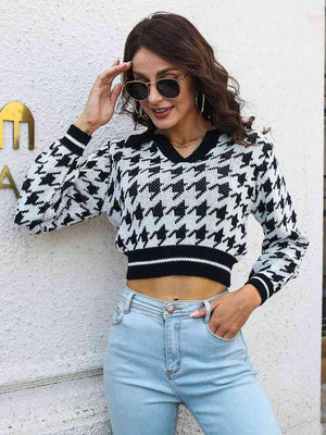 Dainty Comfort Houndstooth Cropped Sweater - MXSTUDIO.COM