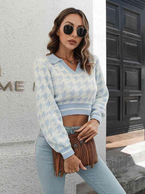Dainty Comfort Houndstooth Cropped Sweater - MXSTUDIO.COM
