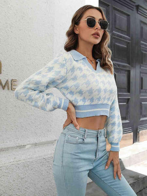 Dainty Comfort Houndstooth Cropped Sweater - MXSTUDIO.COM