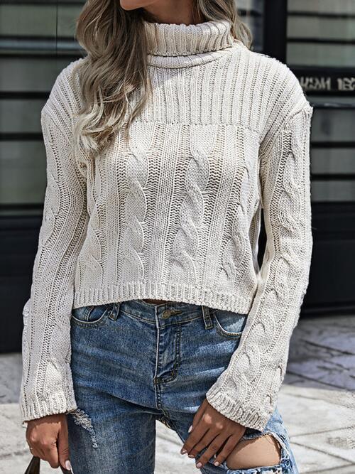 Day-To-Day Comfort Cable Knit Turtleneck Sweater-MXSTUDIO.COM