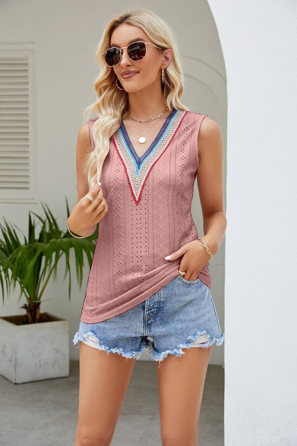 Days In The Sun Eyelet V Neck Tank Top - MXSTUDIO.COM