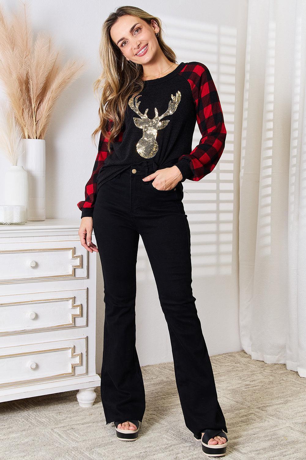 Dazzling Sequin Reindeer Graphic Plus Size Plaid Top - MXSTUDIO.COM