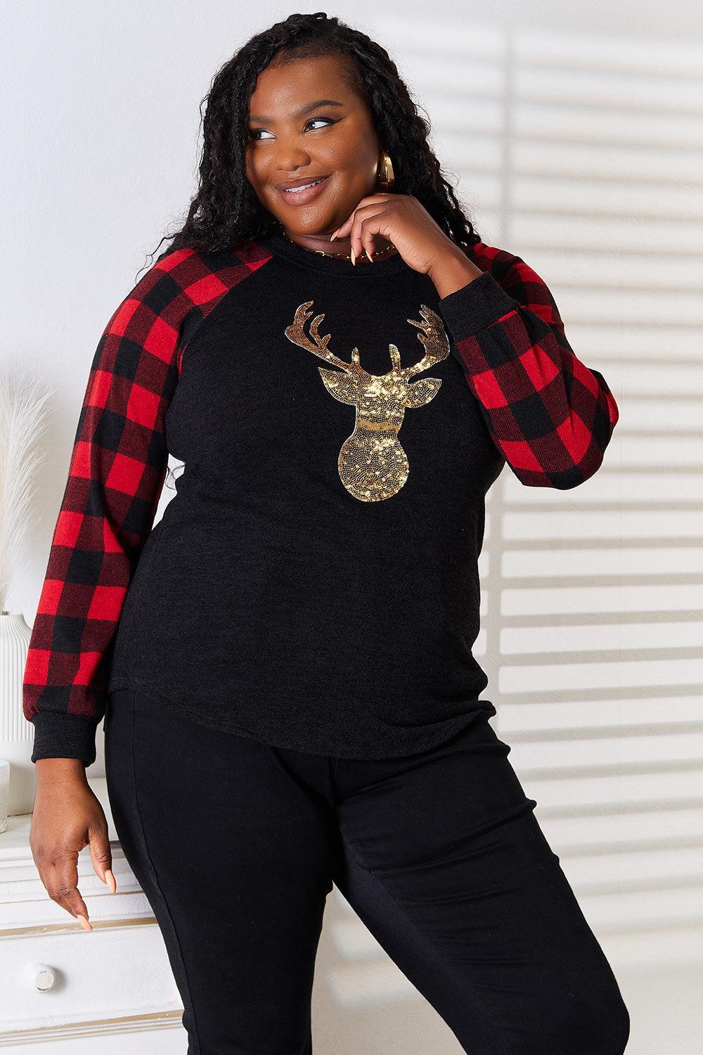 Dazzling Sequin Reindeer Graphic Plus Size Plaid Top - MXSTUDIO.COM