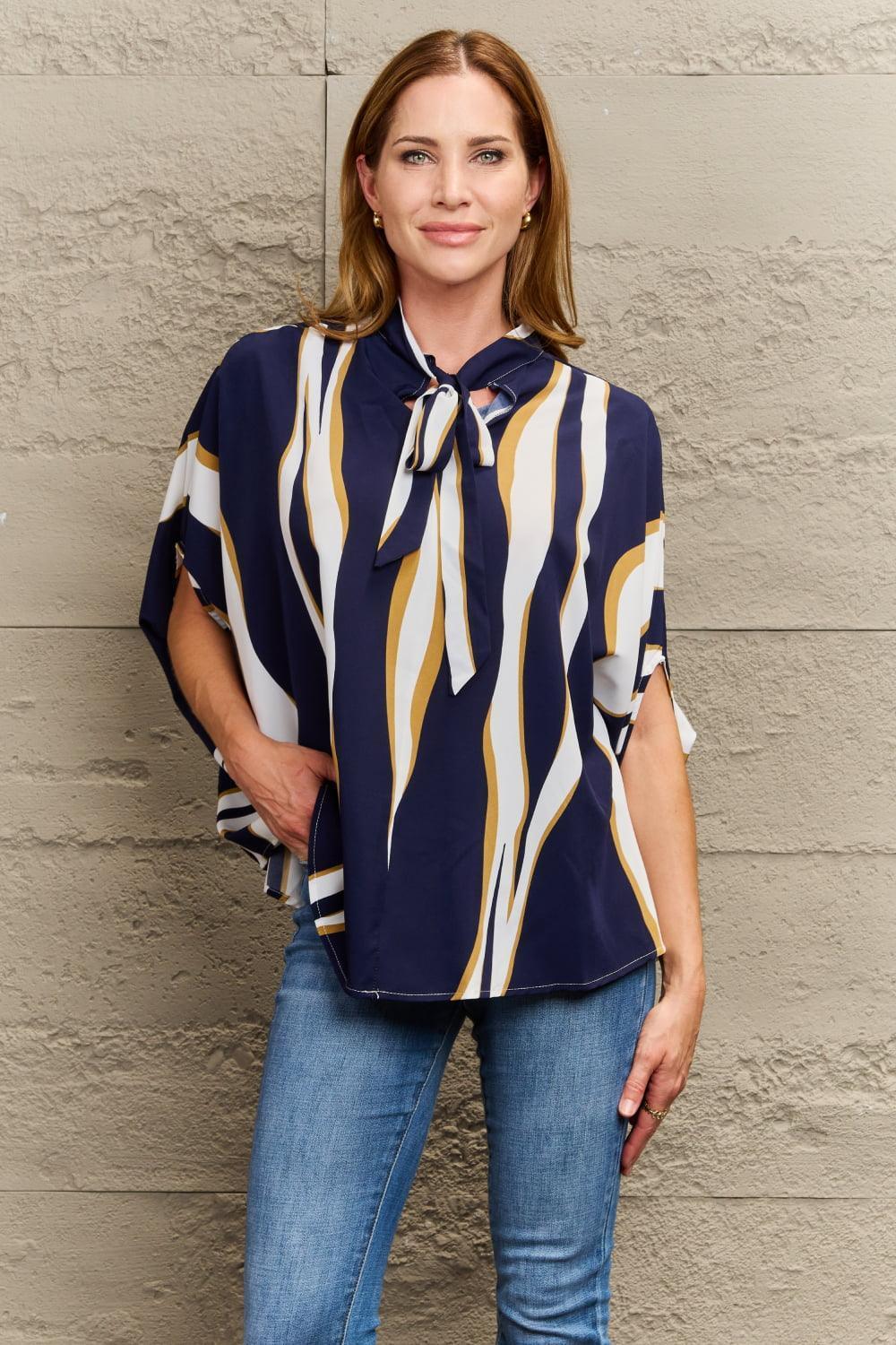 Decent Tie Neck Dolman Sleeve Blouse - MXSTUDIO.COM