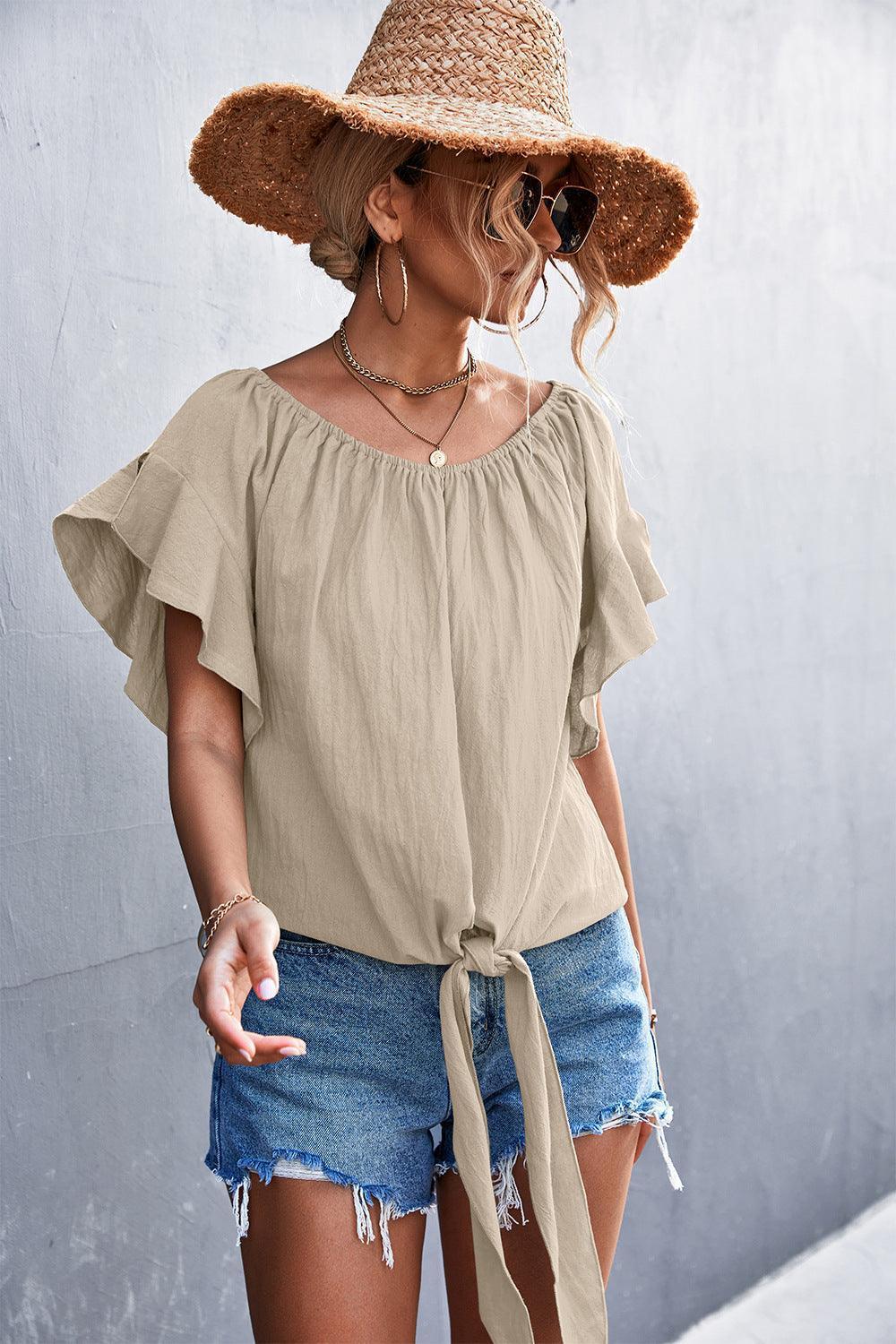 Deceptive Charm Flutter Sleeve Tie Front Blouse - MXSTUDIO.COM