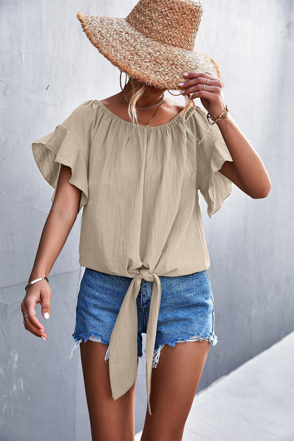 Deceptive Charm Flutter Sleeve Tie Front Blouse - MXSTUDIO.COM