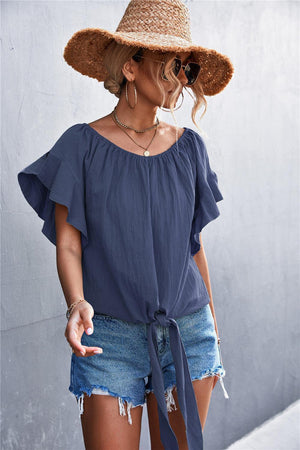 Deceptive Charm Flutter Sleeve Tie Front Blouse - MXSTUDIO.COM