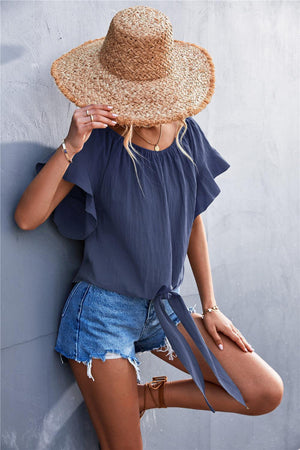 Deceptive Charm Flutter Sleeve Tie Front Blouse - MXSTUDIO.COM