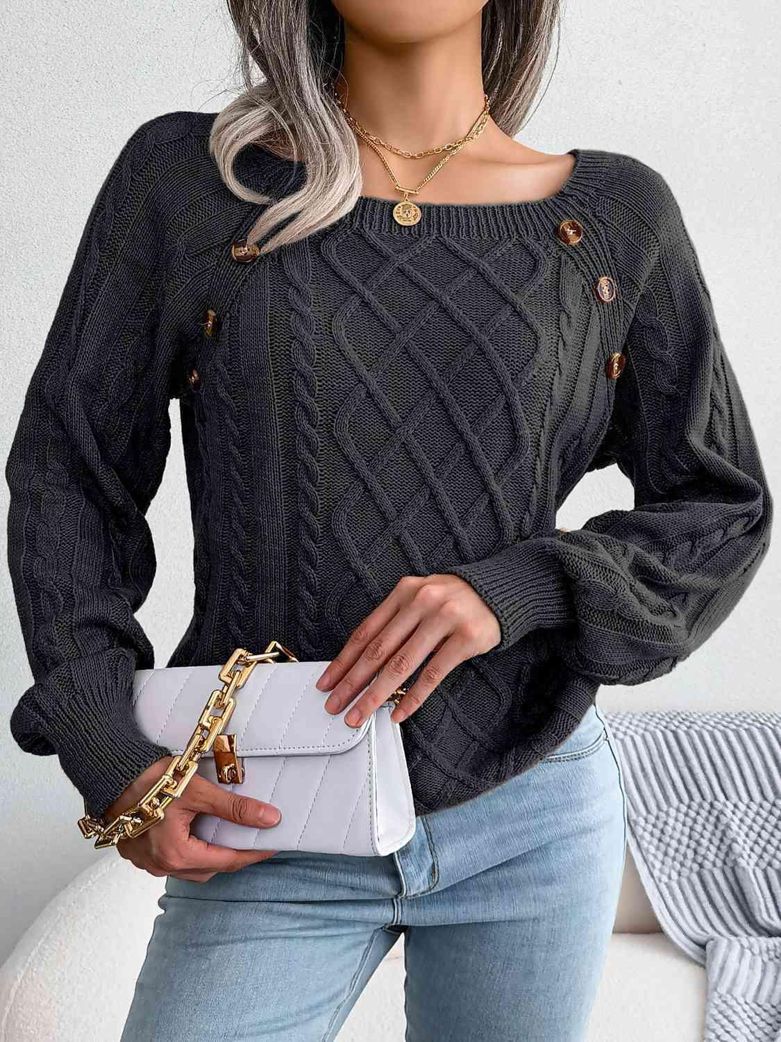 Decorative Button Crew Neck Cable Knit Sweater-MXSTUDIO.COM
