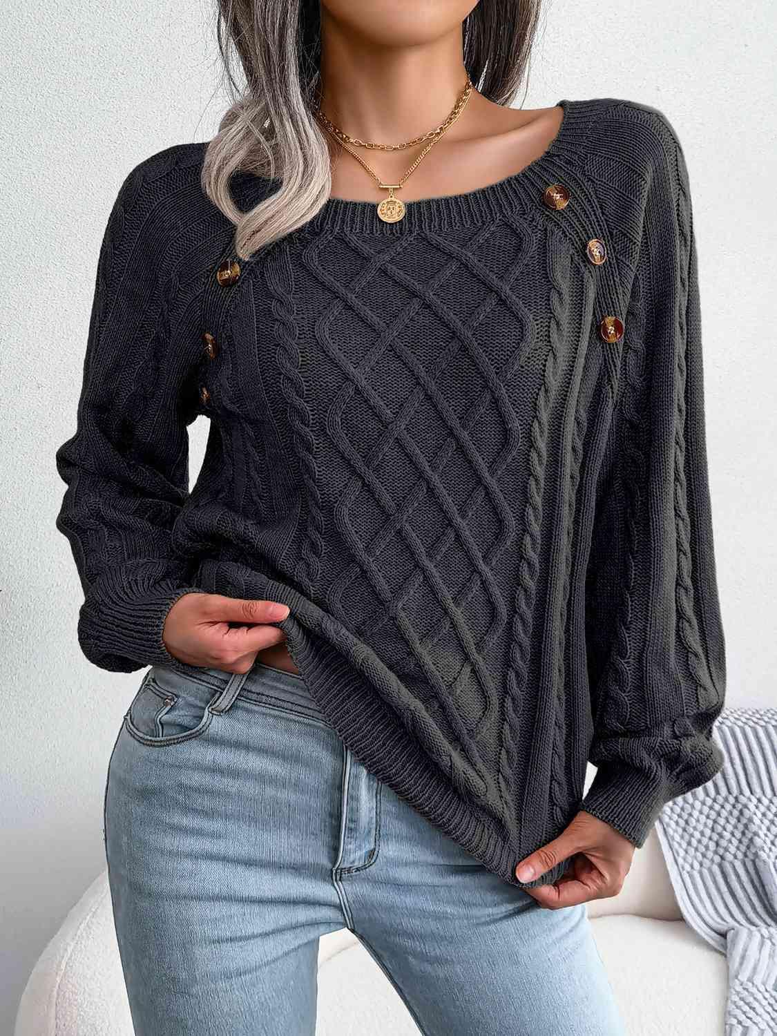 Decorative Button Crew Neck Cable Knit Sweater-MXSTUDIO.COM
