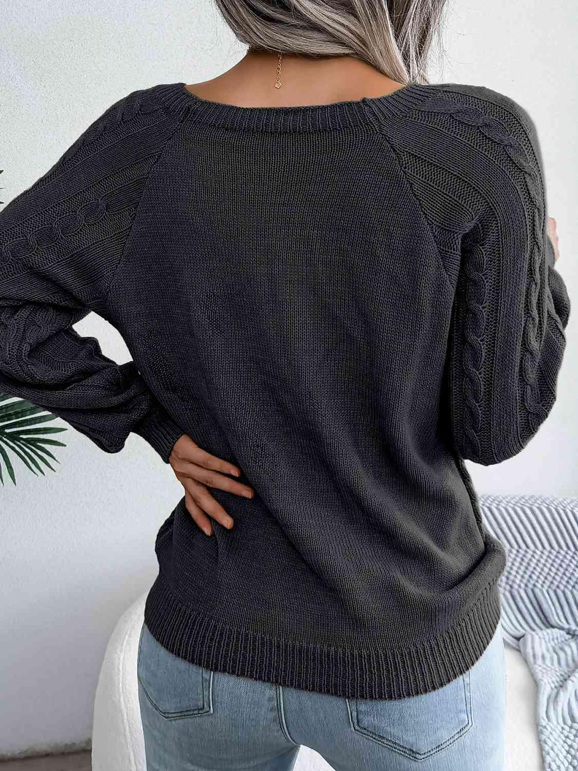 Decorative Button Crew Neck Cable Knit Sweater-MXSTUDIO.COM