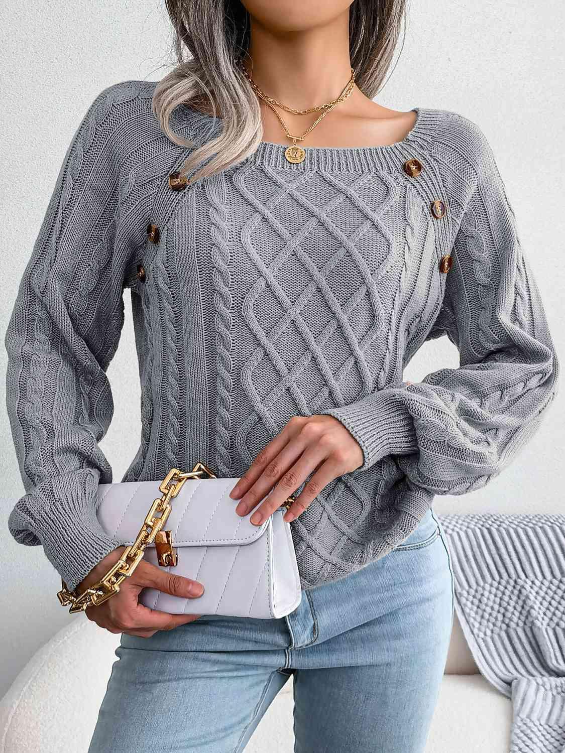 Decorative Button Crew Neck Cable Knit Sweater-MXSTUDIO.COM