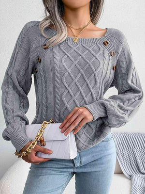 Decorative Button Crew Neck Cable Knit Sweater-MXSTUDIO.COM