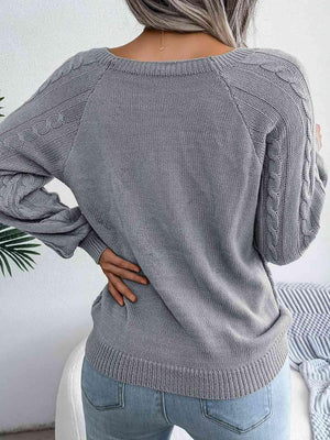 Decorative Button Crew Neck Cable Knit Sweater-MXSTUDIO.COM