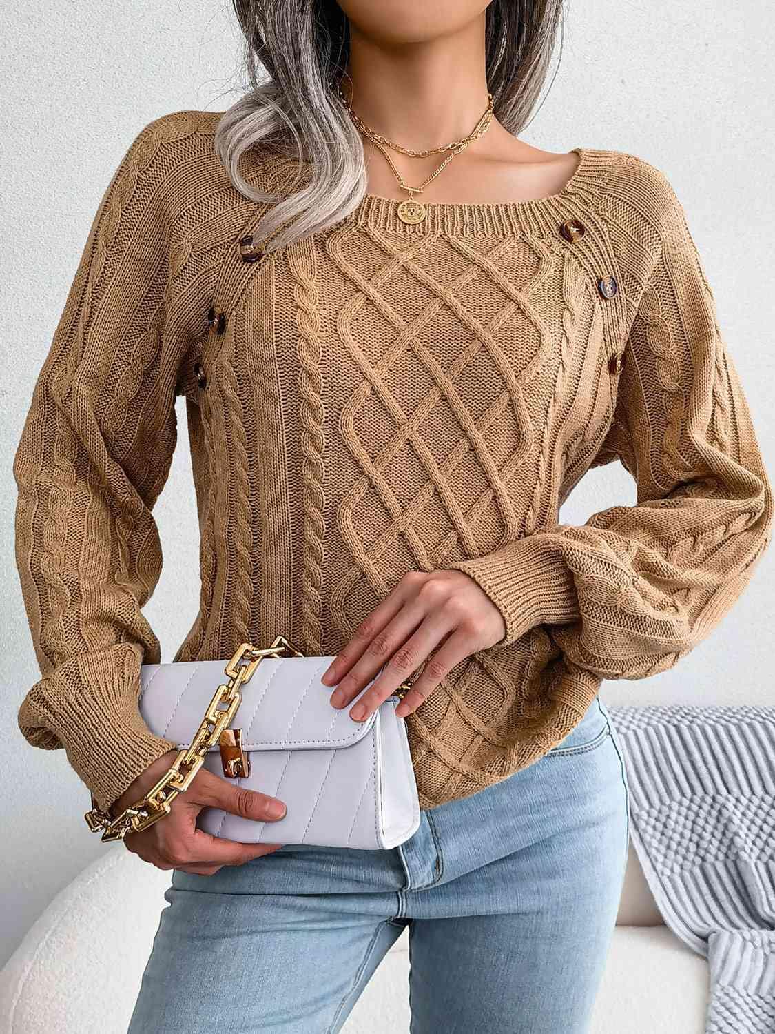 Decorative Button Crew Neck Cable Knit Sweater-MXSTUDIO.COM