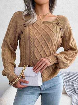 Decorative Button Crew Neck Cable Knit Sweater-MXSTUDIO.COM