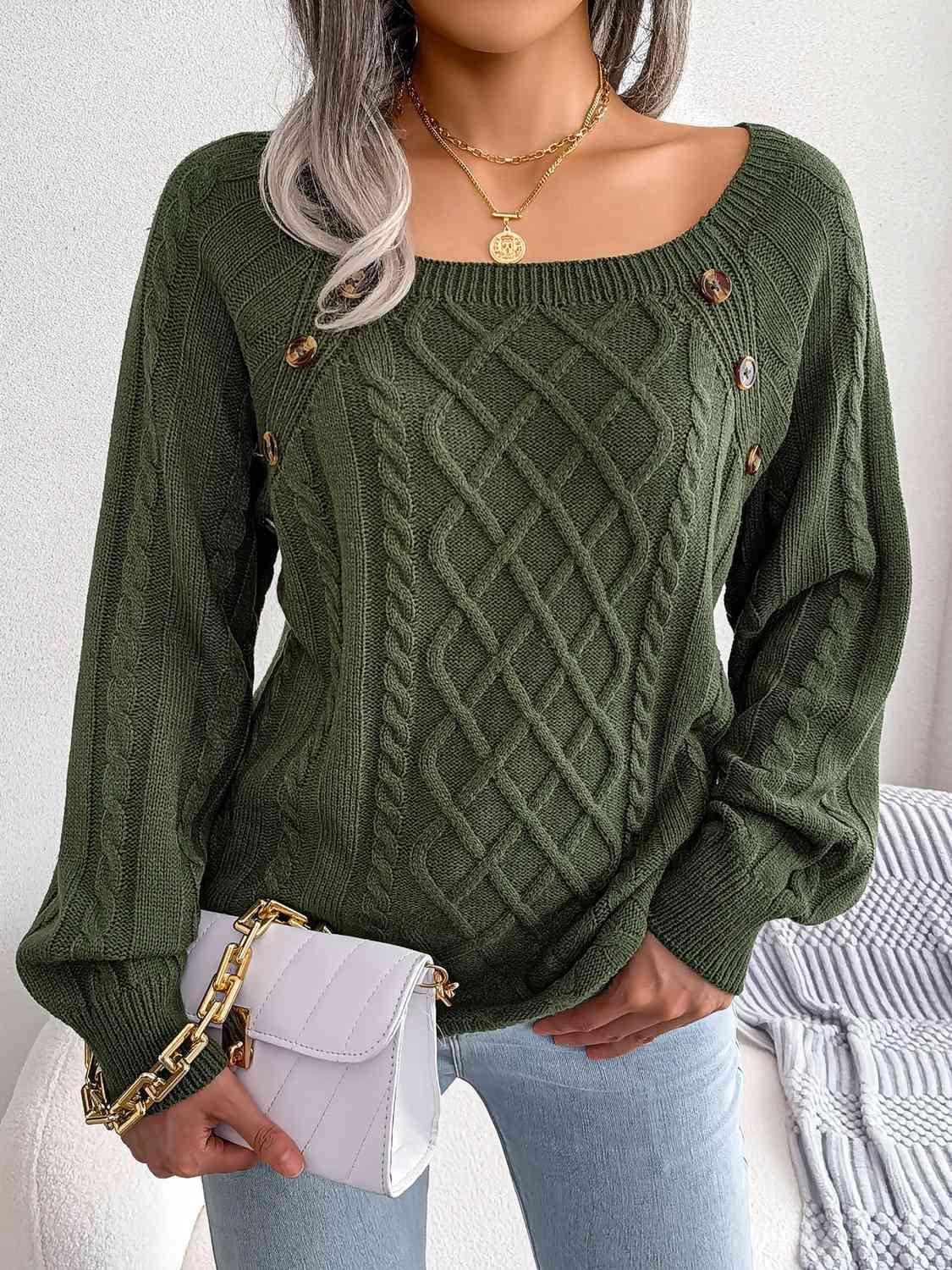 Decorative Button Crew Neck Cable Knit Sweater-MXSTUDIO.COM