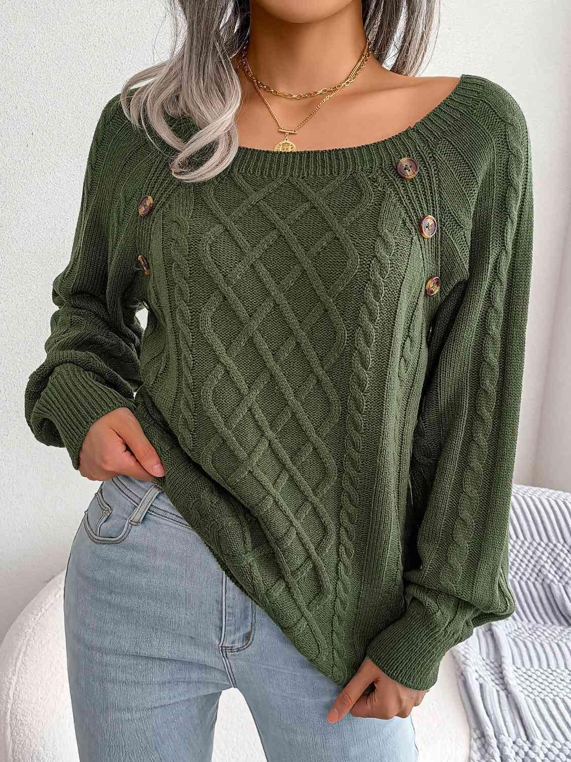 Decorative Button Crew Neck Cable Knit Sweater-MXSTUDIO.COM