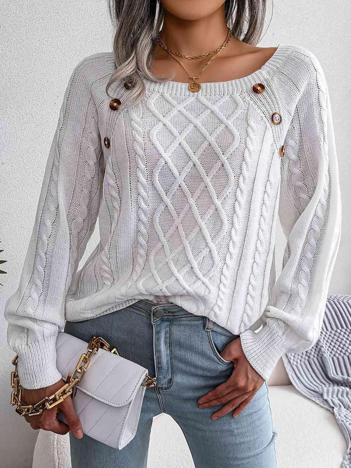 Decorative Button Crew Neck Cable Knit Sweater-MXSTUDIO.COM