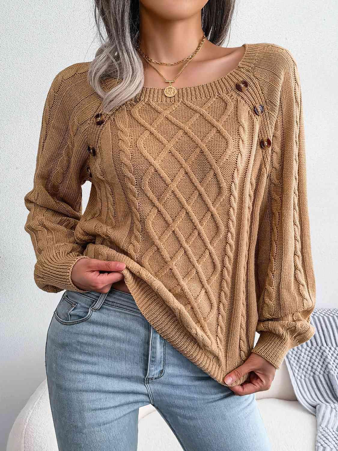 Decorative Button Crew Neck Cable Knit Sweater-MXSTUDIO.COM