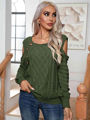Decorative Button Knitted Cold Shoulder Sweater-MXSTUDIO.COM