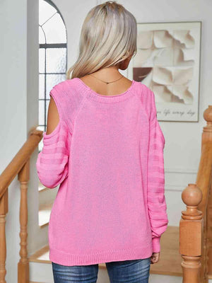 Decorative Button Knitted Cold Shoulder Sweater-MXSTUDIO.COM