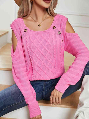 Decorative Button Knitted Cold Shoulder Sweater-MXSTUDIO.COM