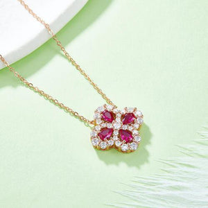 Deep Rose Lab-Grown Ruby Flower Shape Necklace-MXSTUDIO.COM