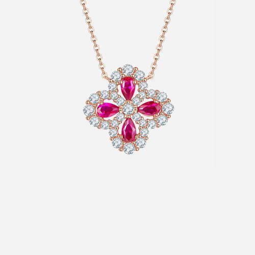 Deep Rose Lab-Grown Ruby Flower Shape Necklace-MXSTUDIO.COM