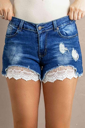 Delicate Distressed Lace Denim Shorts - MXSTUDIO.COM