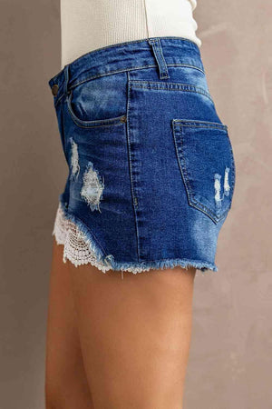 Delicate Distressed Lace Denim Shorts - MXSTUDIO.COM