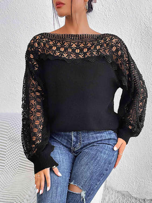 Delicate Warmth Knit Boat Neck Lace Sweater-MXSTUDIO.COM