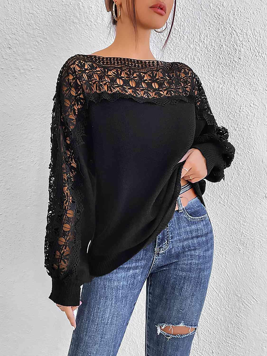 Delicate Warmth Knit Boat Neck Lace Sweater-MXSTUDIO.COM
