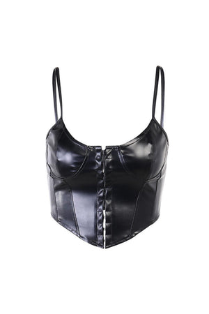 a woman wearing a black leather corset