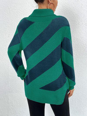 Diagonal Striped Turtleneck Knit Sweater-MXSTUDIO.COM