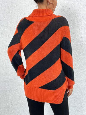 Diagonal Striped Turtleneck Knit Sweater-MXSTUDIO.COM