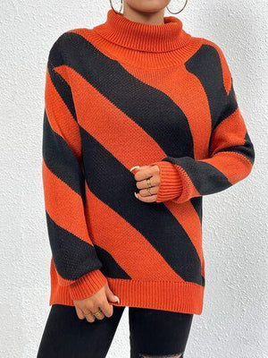 Diagonal Striped Turtleneck Knit Sweater-MXSTUDIO.COM