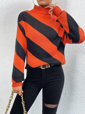 Diagonal Striped Turtleneck Knit Sweater-MXSTUDIO.COM