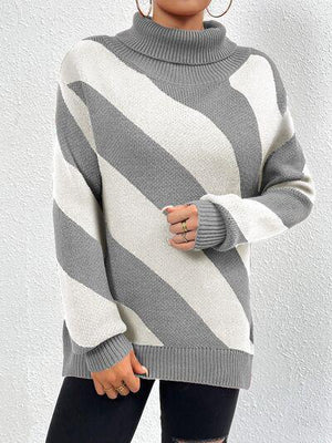 Diagonal Striped Turtleneck Knit Sweater-MXSTUDIO.COM