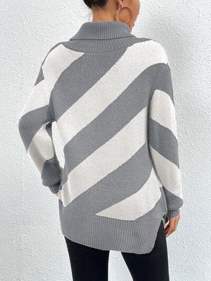 Diagonal Striped Turtleneck Knit Sweater-MXSTUDIO.COM