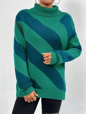 Diagonal Striped Turtleneck Knit Sweater-MXSTUDIO.COM