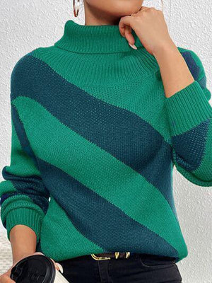 Diagonal Striped Turtleneck Knit Sweater-MXSTUDIO.COM