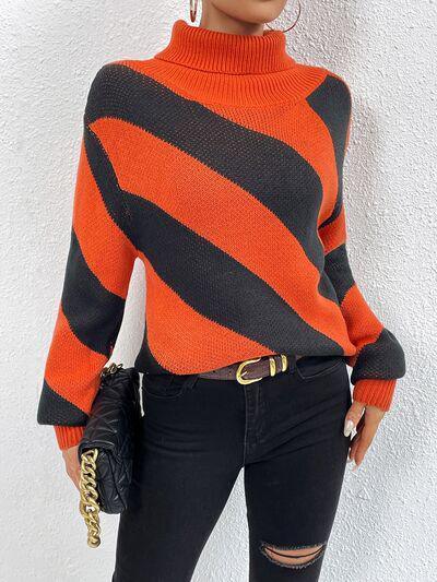 Diagonal Striped Turtleneck Knit Sweater-MXSTUDIO.COM