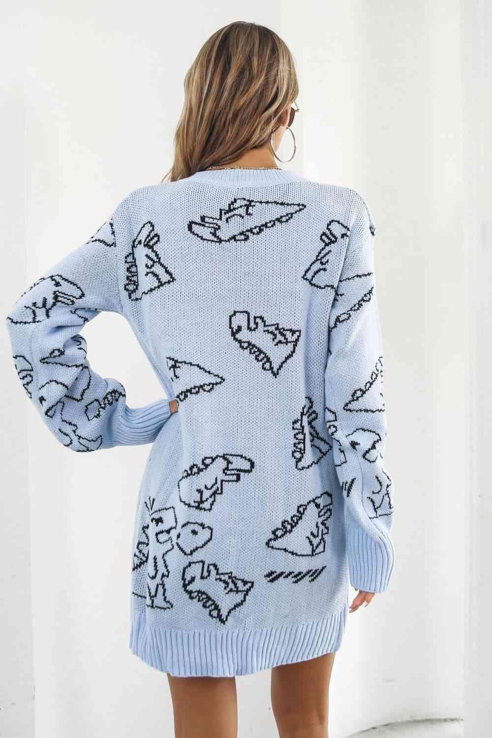 Dinosaur Pattern V Neck Long Sleeve Sweater Dress - MXSTUDIO.COM