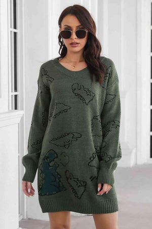 Dinosaur Pattern V Neck Long Sleeve Sweater Dress - MXSTUDIO.COM