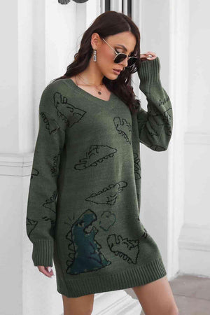 Dinosaur Pattern V Neck Long Sleeve Sweater Dress - MXSTUDIO.COM