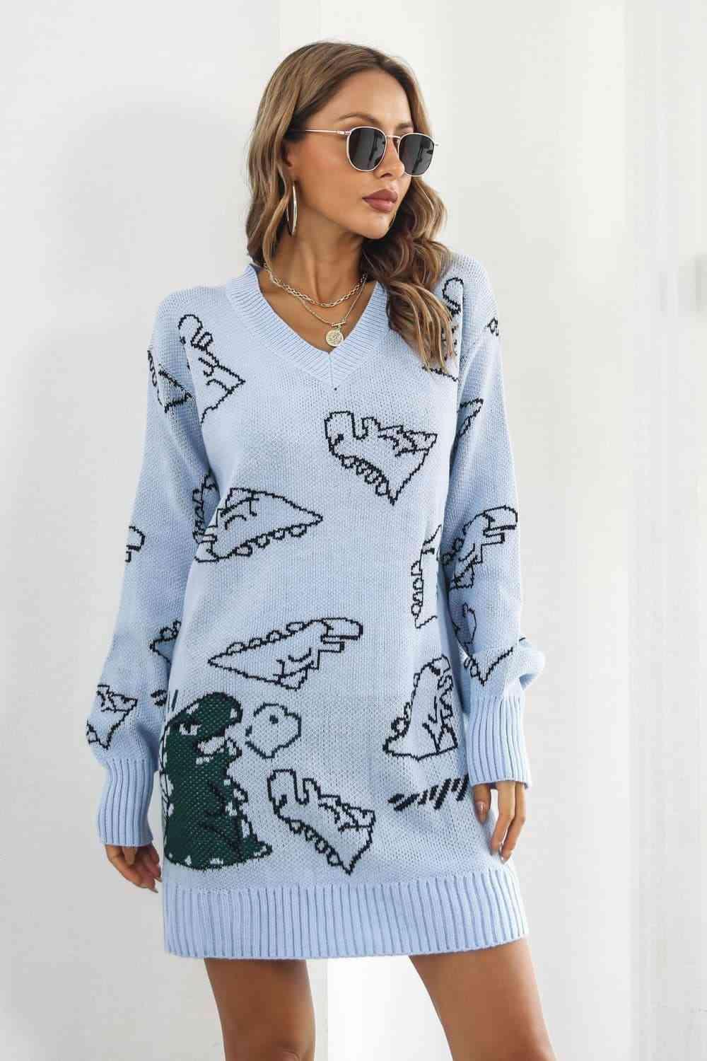 Dinosaur Pattern V Neck Long Sleeve Sweater Dress - MXSTUDIO.COM