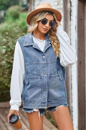 Distinctive Detachable Hood Denim Sleeveless Top - MXSTUDIO.COM