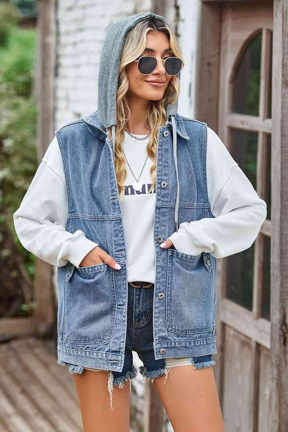 Distinctive Detachable Hood Denim Sleeveless Top - MXSTUDIO.COM