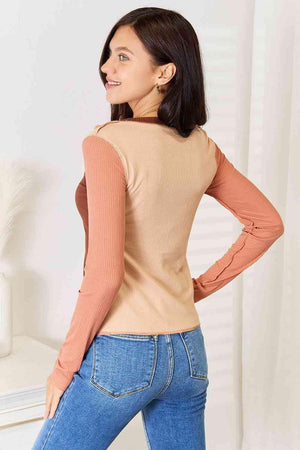 Distinctive Exposed Seam Color Block Long Sleeve Top - MXSTUDIO.COM